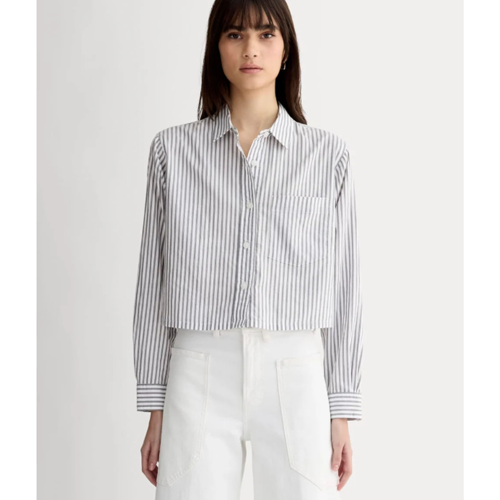 Everlane The Way Short Shirt Silky Cotton Stripe Button-Down Large Blue White